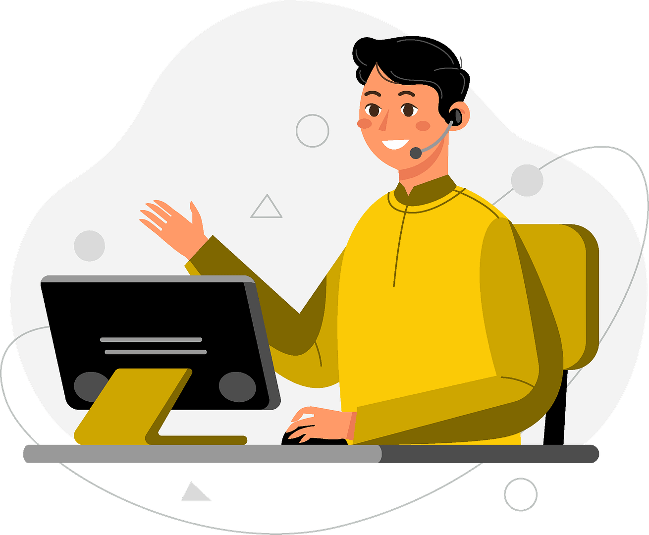Smiling male customer service representative wearing a headset and yellow shirt, seated at a desk with a computer, ready to assist clients with inquiries about Pharmaceutical Exporter in Bangladesh, Top Pharmaceutical Manufacturer in Bangladesh, Leading Medicine Exporter, Generic Oncology and Lifesaving Medicine Exporter, and Pharmaceutical Distribution & Wholesale in Bangladesh.