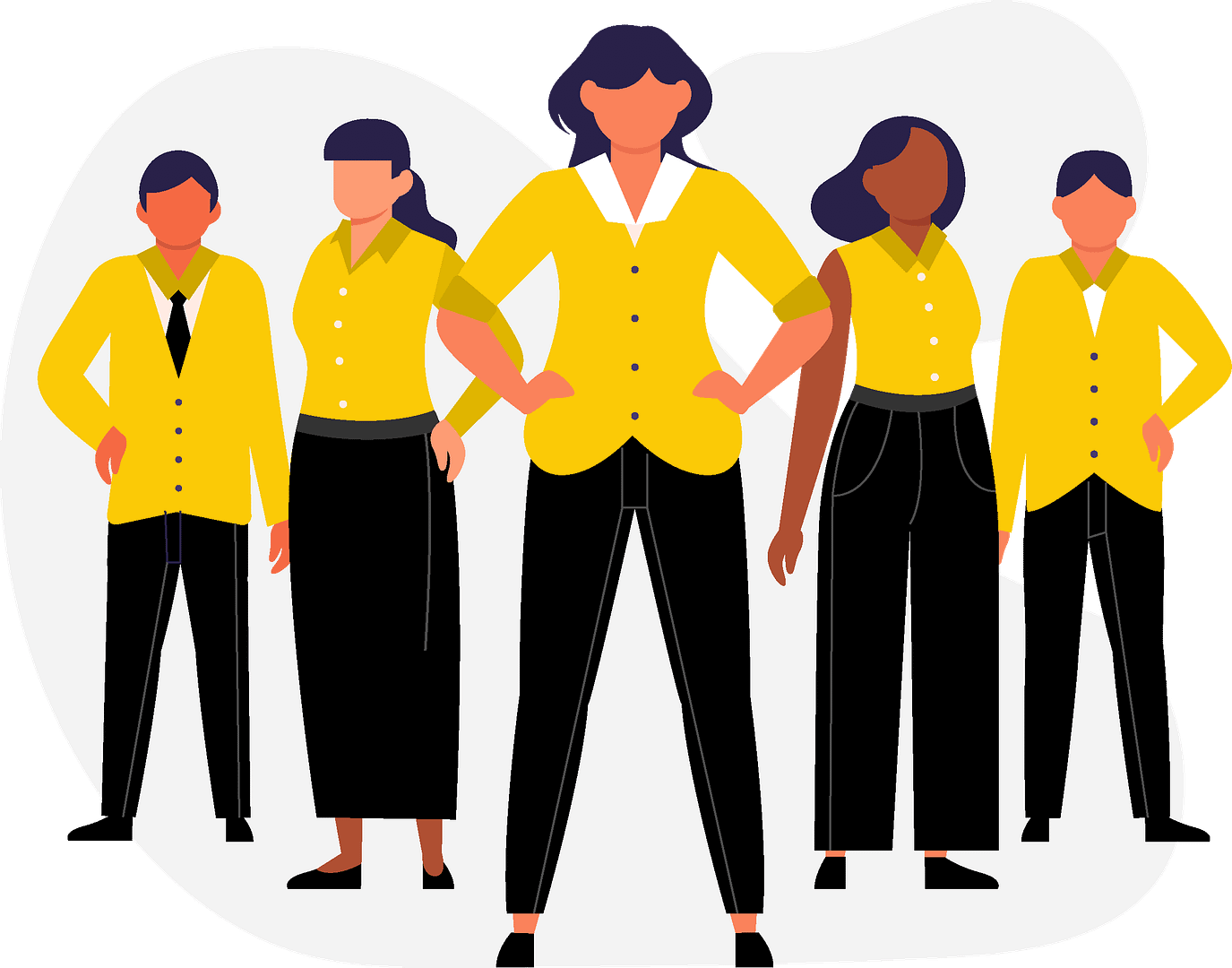 Illustration of five confident professionals standing together in yellow shirts and black pants, representing diversity and teamwork in Pharmaceutical Career Opportunities in Bangladesh, highlighting roles at a Pharmaceutical Exporter, Top Pharmaceutical Manufacturer, and Leading Medicine Exporter specializing in generic oncology, lifesaving medicine export, and pharmaceutical distribution and wholesale.